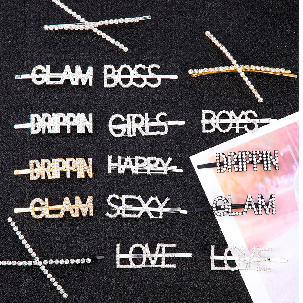 1Pc Shining Letter Hairpins Crystal Shiny Rhinestones Letters Hair Clips Women