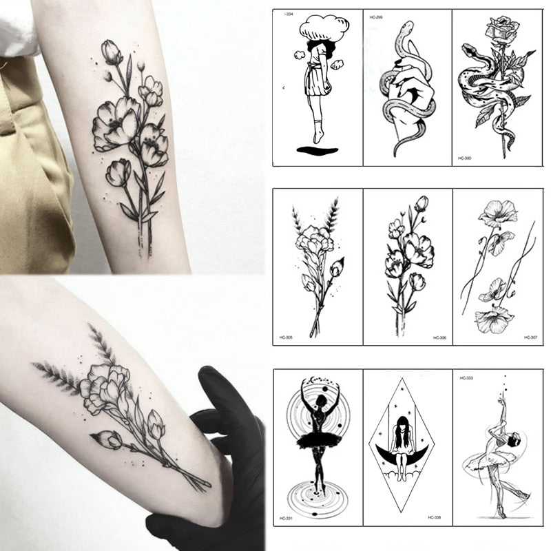 Hot 1PC Popular Ballet Black White Flowers Tattoos Sticker